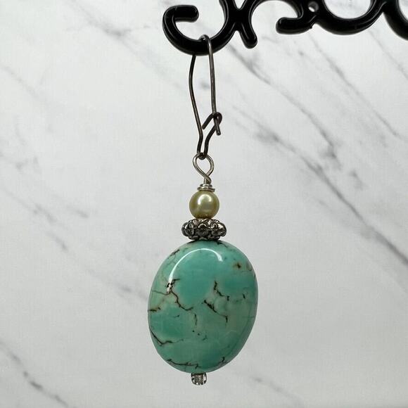 Silver Tone Faux Turquoise Beaded Dangle Earrings Pierced Pair - Picture 7 of 7